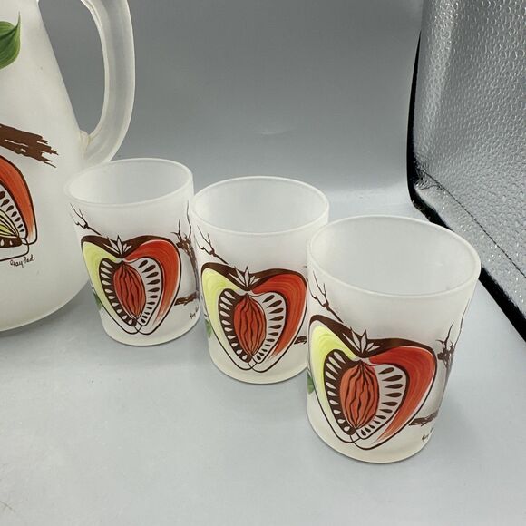 Vintage Gay Fad Hazel Atlas Frosted Pitcher Glass Set Stone Fruit Hand-Painted - Picture 4 of 11